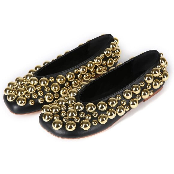 Women's Black Ballet Flats Mesh Gold Pearl Dress Shoes Work Party Everyday - Picture 2 of 7